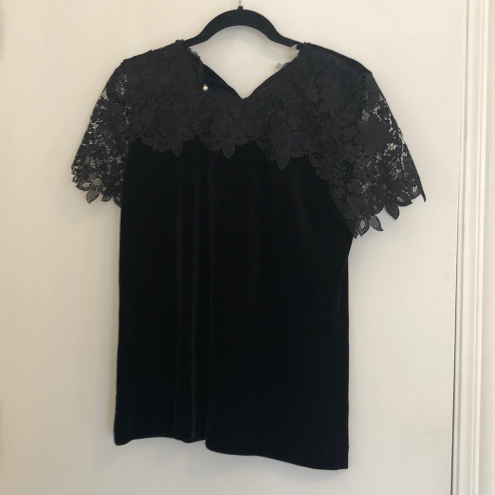 Black faux velvet and lace top
